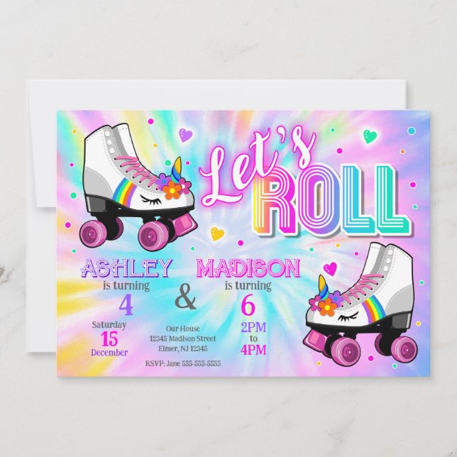 Invitación Joint Unicorn Roller Skating Tie Dye Birthday (Anverso)