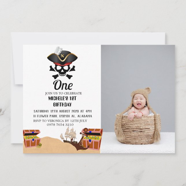 Invitación Jolly Roger Pirate | Foto simple del primer cumple (Anverso)