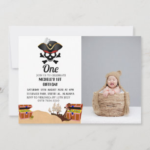 Invitación Jolly Roger Pirate   Foto simple del primer cumple