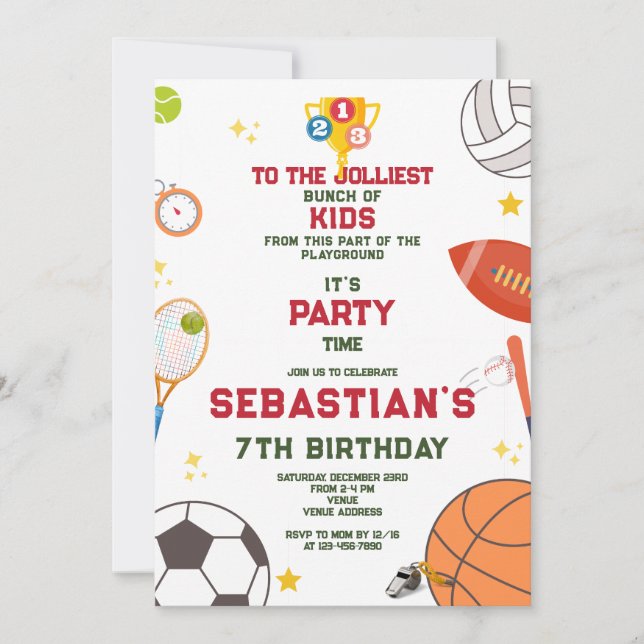Invitación Jolmost Bunch Modern Sports Kids Birday Fiesta (Anverso)
