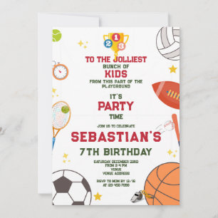 Invitación Jolmost Bunch Modern Sports Kids Birday Fiesta