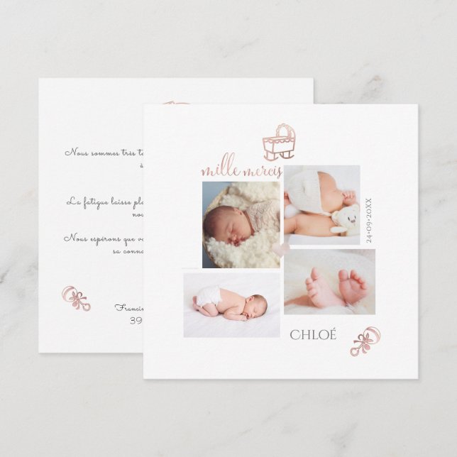 Invitación Jouets D'or rosa Remerciement Naege Filcard (Anverso / Reverso)