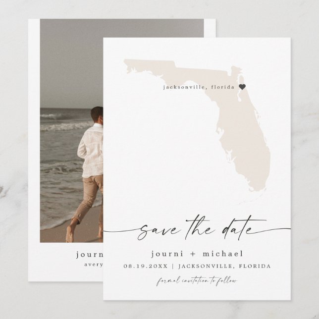 Invitación JOURNI Florida Map Beach Destination Save the Date (Anverso / Reverso)
