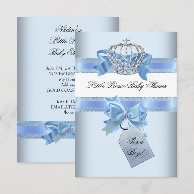 Invitación Joven Baby Shower Blue Little Prince Crown bow sma (Anverso / Reverso)