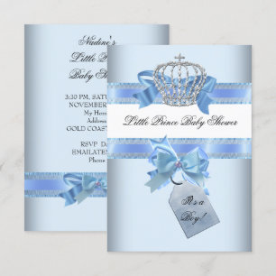 Invitación Joven Baby Shower Blue Little Prince Crown bow sma