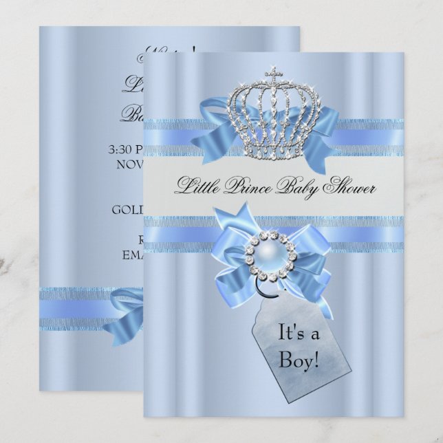 Invitación Joven Baby Shower Blue Little Prince Crown NEW (Anverso / Reverso)