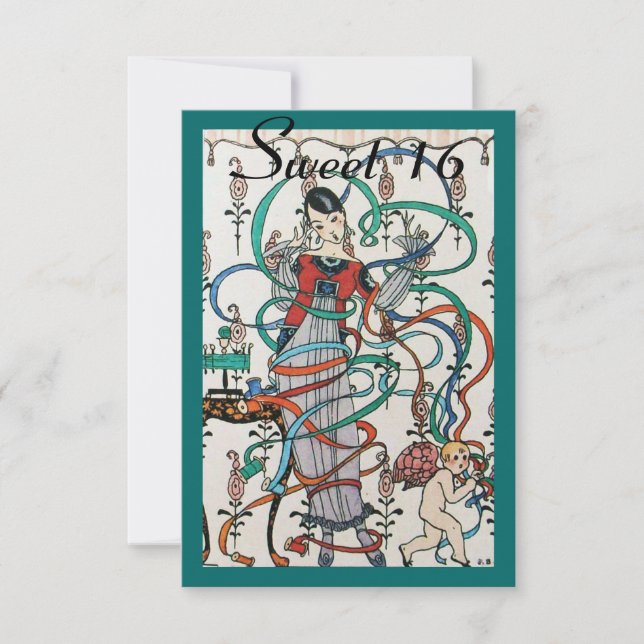 INVITACIÓN JOVEN CHICA CON COLORIDOS RIBBONOS DULCE 16 FIESTA (Anverso)
