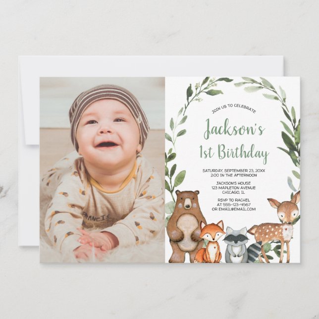 Invitación Jóven de bosque de vegetación foto de primer cumpl (Anverso)