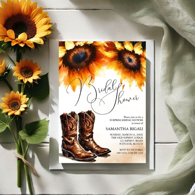 Invitación Joven de girasol amarillo bota ducha de novia (Bridal shower invitations watercolor sunflowers and cowboy boots )
