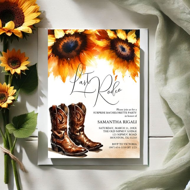 Invitación Joven de girasol amarillo bota el último rodeo (Bachelorette party invitations last rodeo sunflower and cowboy boots)