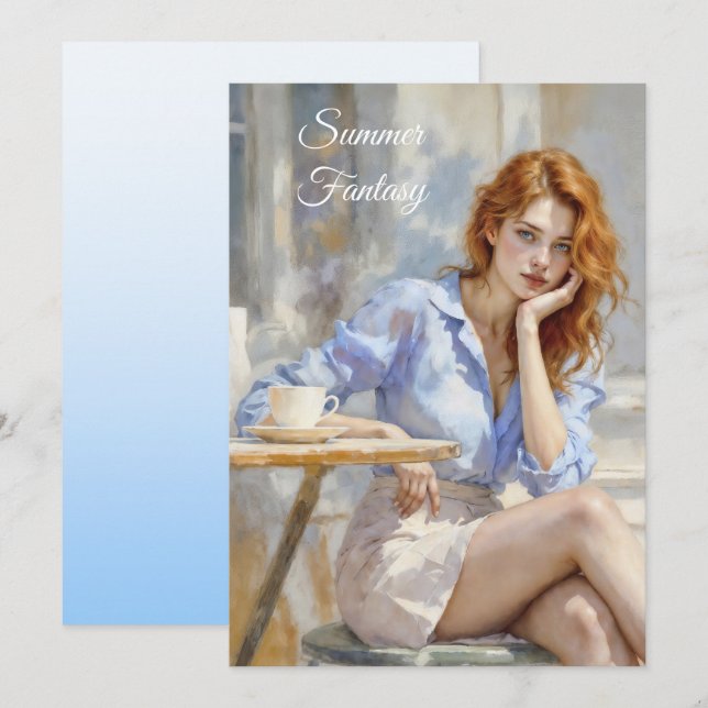 Invitación Joven elegante de azul y blanco en un café (Anverso / Reverso)