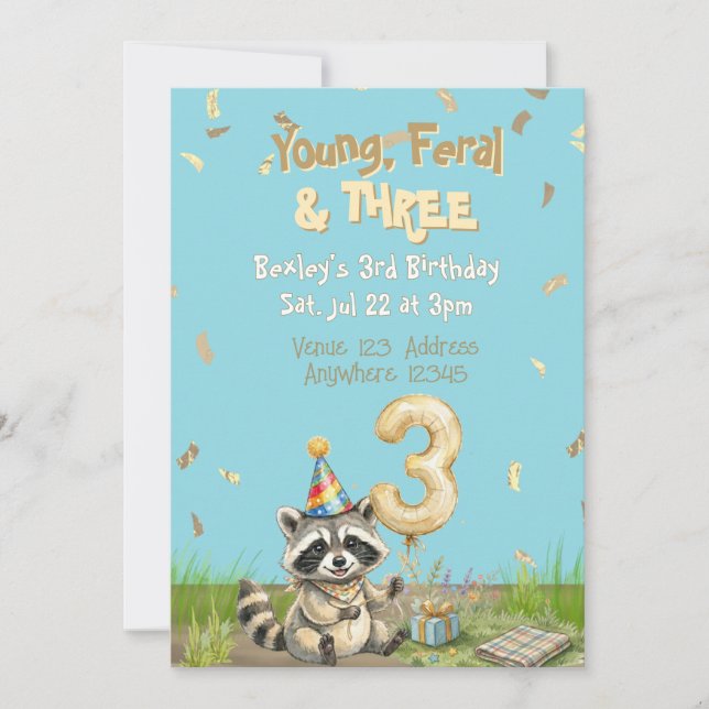 Invitación Joven Feral & Three, Oro, Mapache 3er Cumpleaños (Anverso)