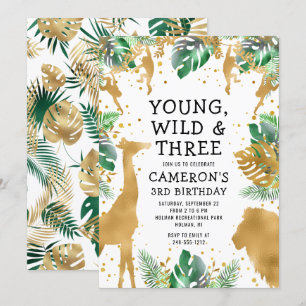 Invitación Joven Fiera Tres Safari Oro Verde 3er Cumpleaños