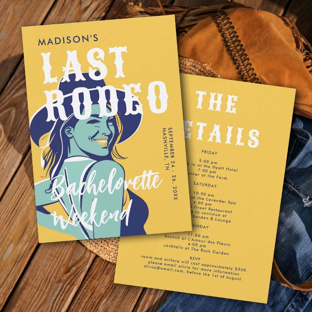 Invitación Joven retro Bachelor Amarillo Glam El Rodeo Último (last rodeo bachelorette weekend invitation itinerary retro vintage elegant glam cowgirl yellow blue)