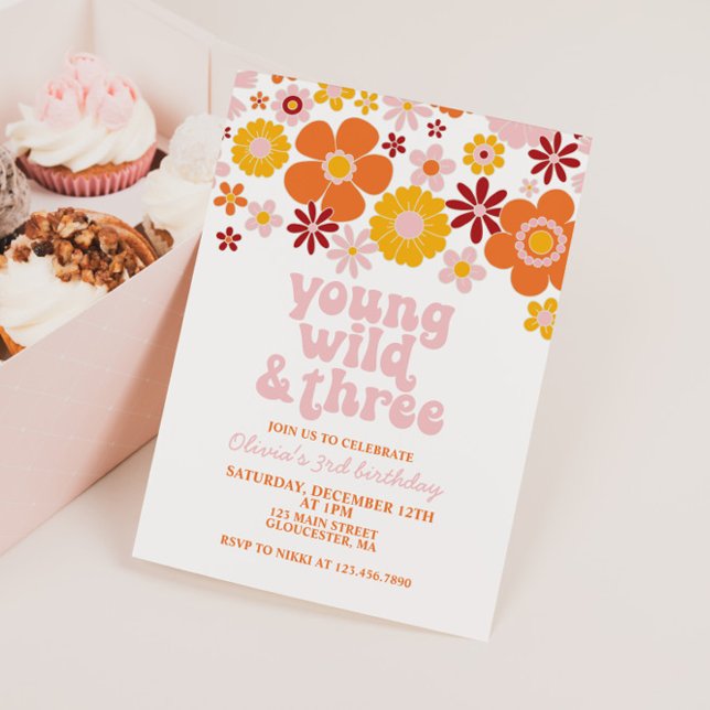 Invitación Joven retro Wild Three Floral Tercer cumpleaños (Subido por el creador)