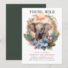 Invitación Joven Salvaje Tres 3er Cumpleaños Niños Elefante L