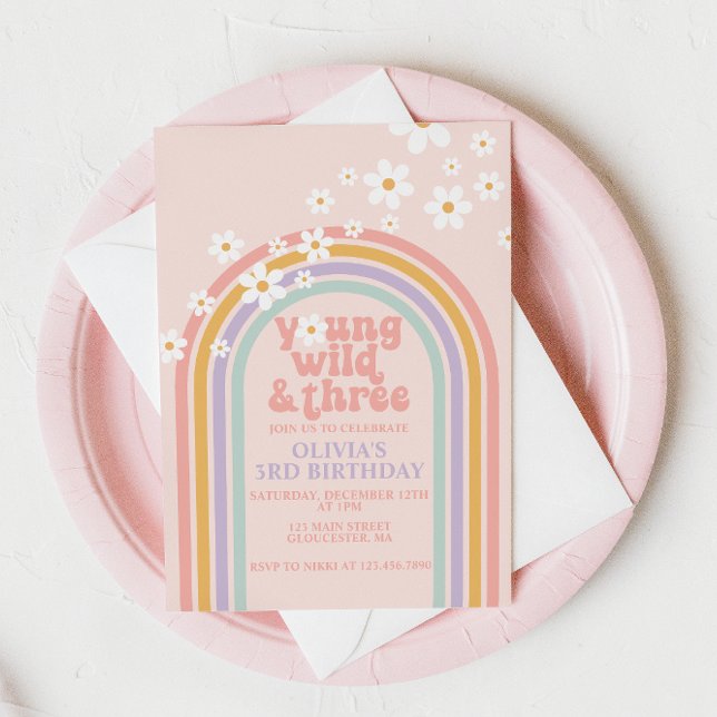 Invitación Joven salvaje tres cumpleaños 3 pastel arcoíris (Subido por el creador)