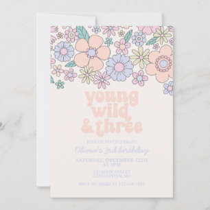 Invitación Joven Salvaje Tres Floral Retro Cumpleaños 3