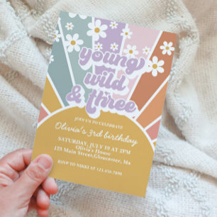 Invitación Joven salvaje tres girasoles arcoíris retro Daisy