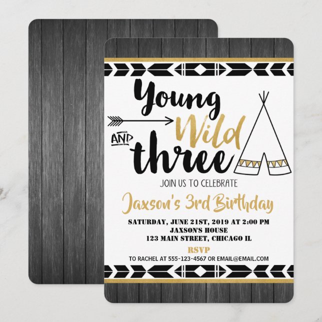 Invitación Joven salvaje tres niños de 3er cumpleaños invitad (Anverso / Reverso)