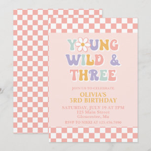 Invitación Joven Salvaje Tres Retro Cumpleaños 3 Daisy Checke