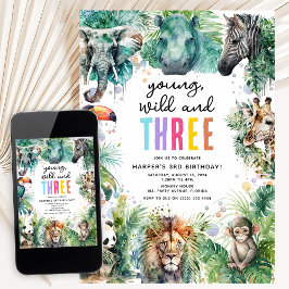 Invitación Joven Salvaje y 3 Animales de Safari Cumpleaños 3