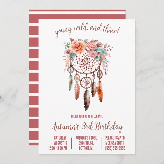 Invitación ¡Joven, salvaje y 3! Boho Dreamcatcher Birthday Pa (Anverso / Reverso)