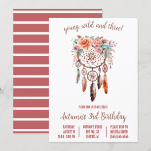 Invitación ¡Joven, salvaje y 3! Boho Dreamcatcher Birthday Pa