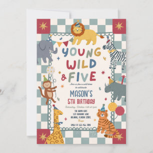 Invitación Joven Salvaje y Cinco Cumpleaños 5 Fiesta Animales