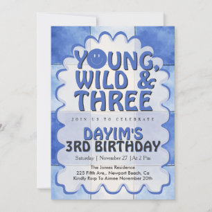 Invitación Joven Salvaje y Cumpleaños Retro Azul de Niño 3er