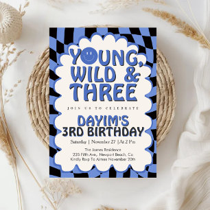 Invitación Joven Salvaje y Cumpleaños Retro Azul Niño 3er Cum