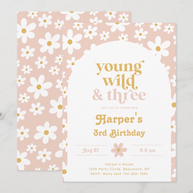 Invitación joven, salvaje y de tres días | Daisies (Anverso / Reverso)