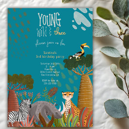 Invitación Joven Salvaje y Safari de Tres Animales Cumpleaños