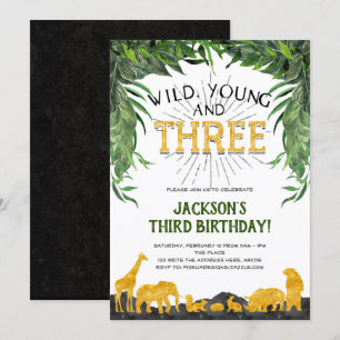 Invitación Joven salvaje y tres, animal Safari, tercer cumple