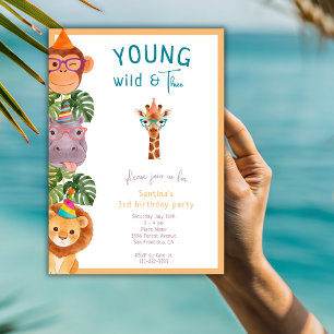 Invitación Joven Salvaje y Tres Animales Divertidos 3er Cumpl