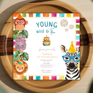 Invitación Joven Salvaje y Tres Animales Divertidos Cumpleaño