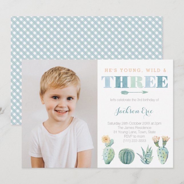 Invitación Joven salvaje y TRES Cacti niño de tercer cumpleañ (Anverso / Reverso)