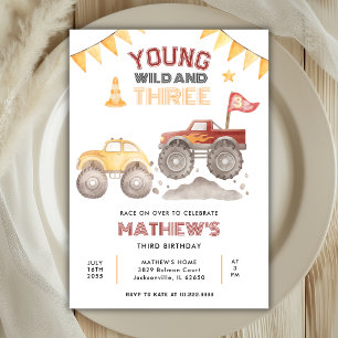 Invitación Joven Salvaje Y Tres Camión Monstruo 3 Cumpleaños