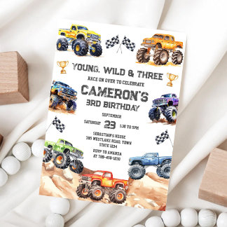 Invitación Joven, Salvaje y Tres Camión Monstruo Chico Cumple