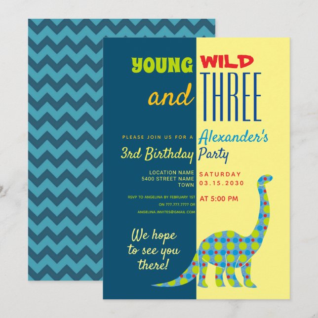 Invitación Joven Salvaje y Tres Dinosaurio Tercer Cumpleaños (Anverso / Reverso)