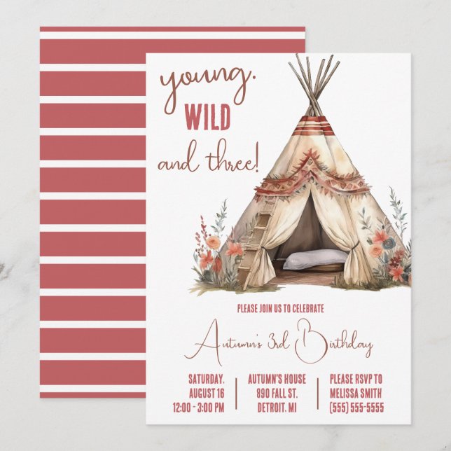 Invitación ¡Joven, salvaje y tres! Fiesta de cumpleaños Boho  (Anverso / Reverso)