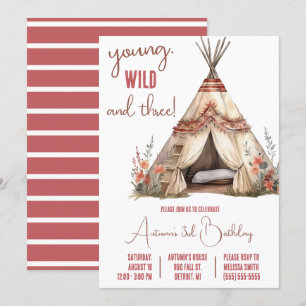 Invitación ¡Joven, salvaje y tres! Fiesta de cumpleaños Boho