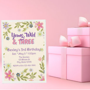 Invitación Joven, Salvaje, y Tres Flor Silvestre, 3er cumplea