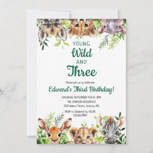 Invitación Joven Salvaje y Tres Lindos Animales de Safari en 