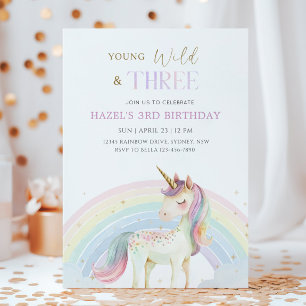 Invitación Joven Salvaje y Tres Unicornio Arcoíris 3er Cumple