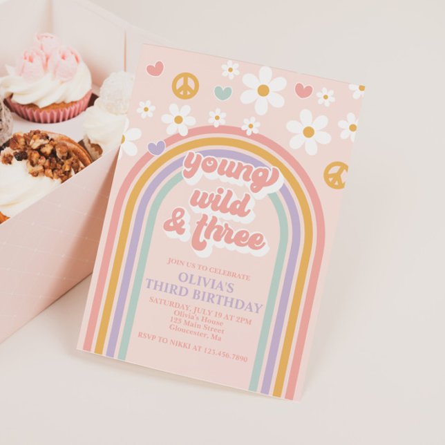 Invitación Joven y retro salvaje y tres cumpleaños del arcoir (Subido por el creador)