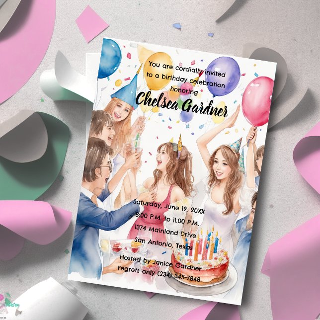 Invitación Jóvenes acuarelas celebrando el cumpleaños (Subido por el creador)