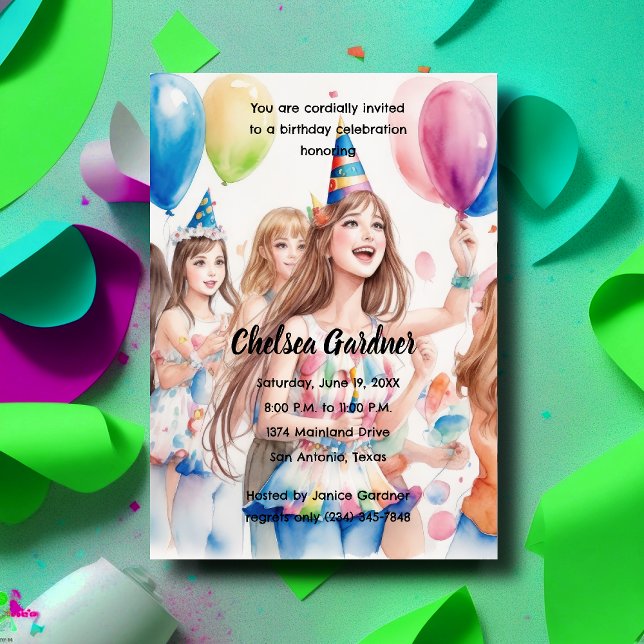 Invitación Jóvenes acuarelas celebrando el cumpleaños (Subido por el creador)