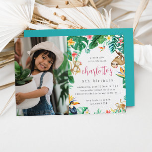 Invitación Jóvenes animales de la selva tropical floral foto