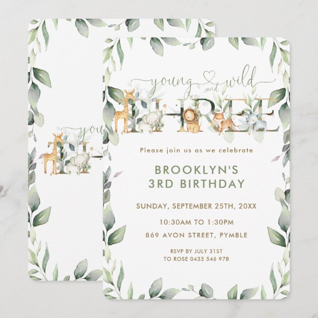 Invitación Jóvenes animales de la selva y tres jóvenes silves (Anverso / Reverso)